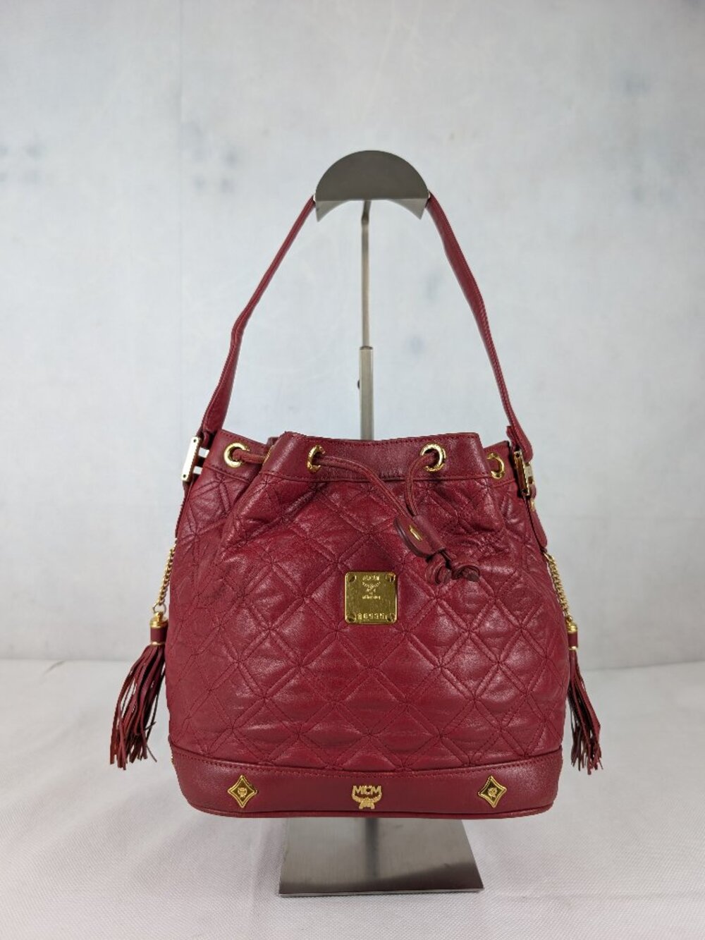 Authentic MCM Quilt Tassle Red Leather Shoulder Hand Bag Vintage Made in Korea.